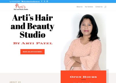 Home Arti Hair Beauty Studio website by iVenzu Technologies, designed for top beauty services in Kadi, Gujarat, with easy navigation and local SEO optimization.