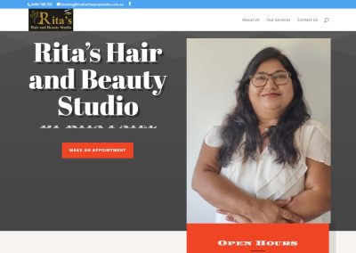 Home Rita's Hair and Beauty Studio website by iVenzu Technologies, designed for a user-friendly experience with responsive design and easy booking for beauty services.